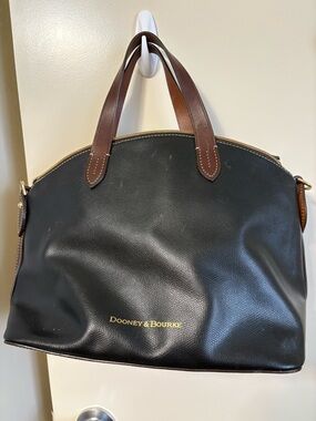 Dooney & Bourke Black Leather Dome Satchel with Brown Handles